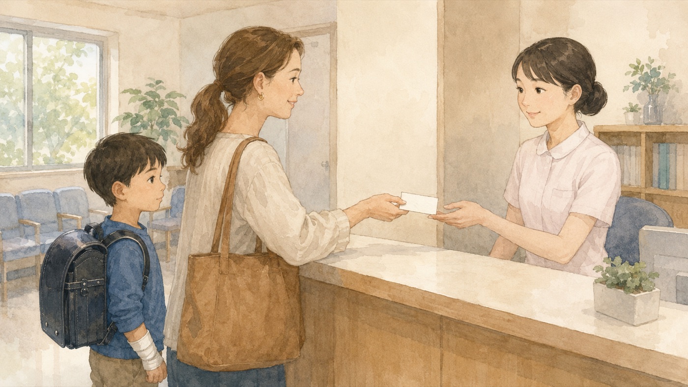 Watercolor illustration of a parent handing a plain card across the reception counter of a small Japanese clinic, with a child in school clothes and a bandaged wrist waiting beside her, randoseru on his back