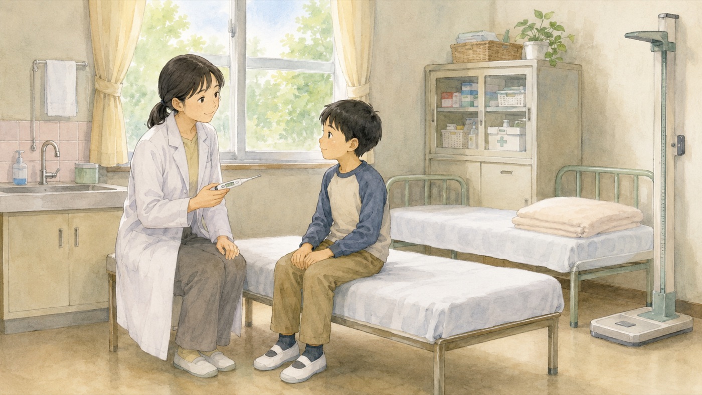 Watercolor illustration of a Japanese elementary school health room, with a school nurse-teacher taking a child's temperature while the child sits on the edge of a bed