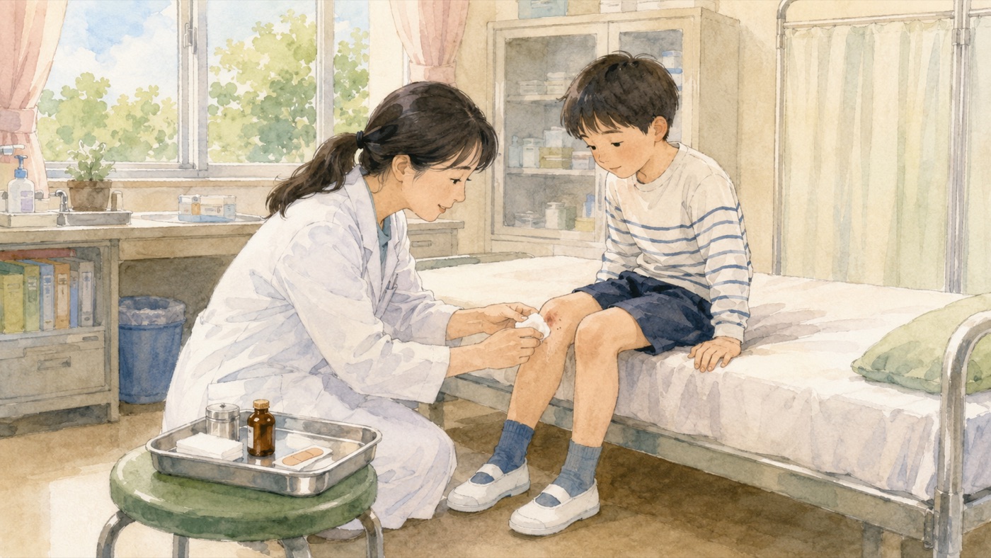 Watercolor illustration of a school nurse-teacher kneeling to clean a grazed knee on an elementary-school child sitting on the edge of a bed in a Japanese school health room, with a tray of gauze and antiseptic on a stool beside them