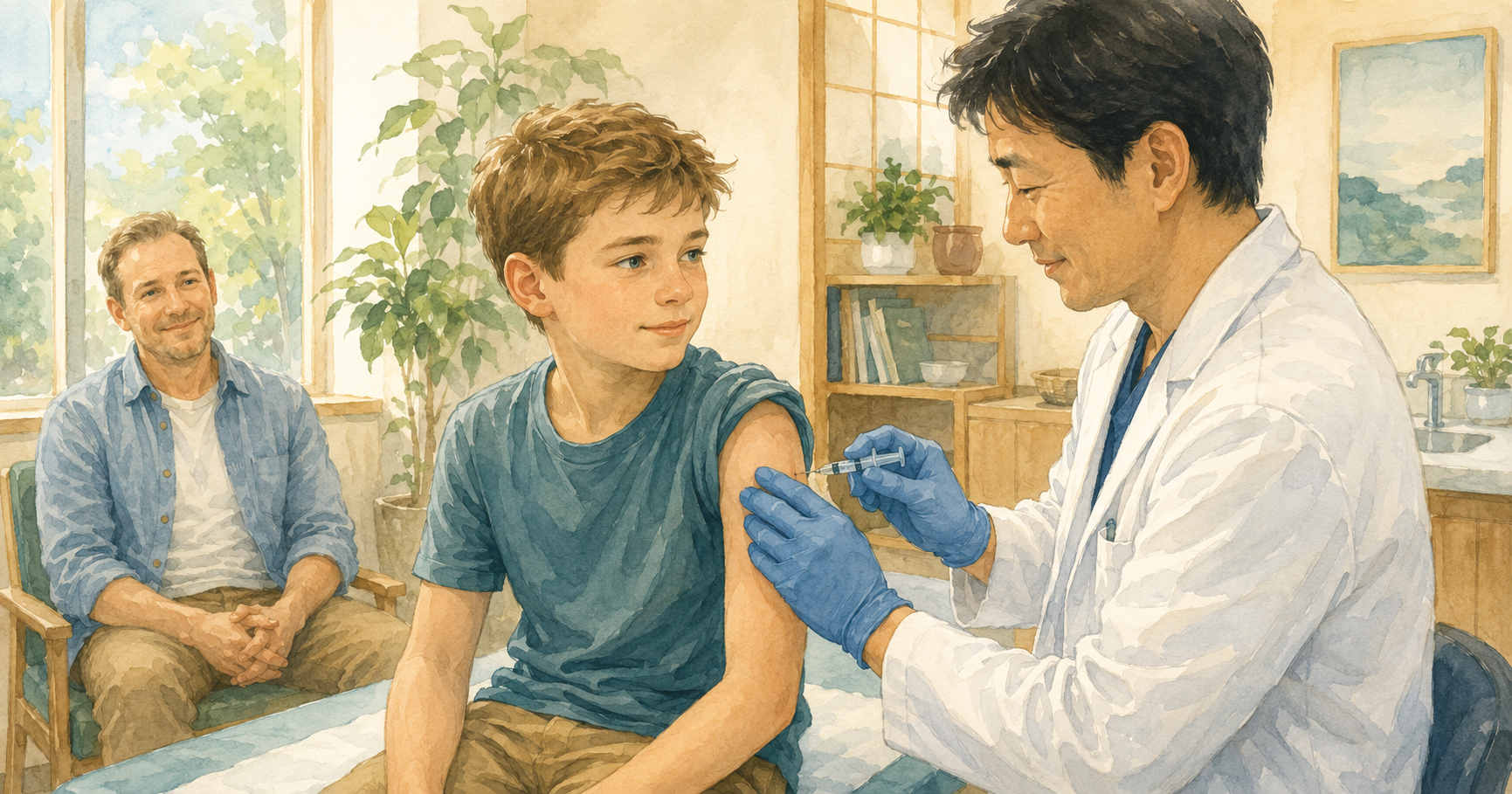 Pre-teen child at a Japanese clinic receiving the DT booster vaccine, with a parent seated alongside and a nurse administering the injection