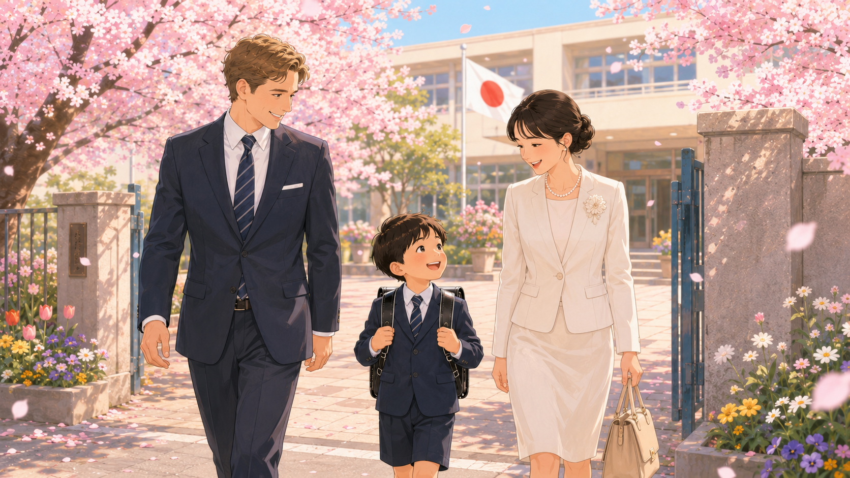 International family attending the Japanese elementary school enrollment ceremony (入学式) in spring