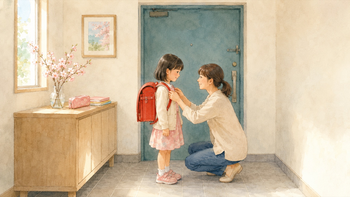 Watercolor illustration of a parent and a small child in a genkan getting ready for elementary school, with a randoseru backpack, indoor shoes, a pencil case and notebooks laid out, and cherry blossoms visible through the window