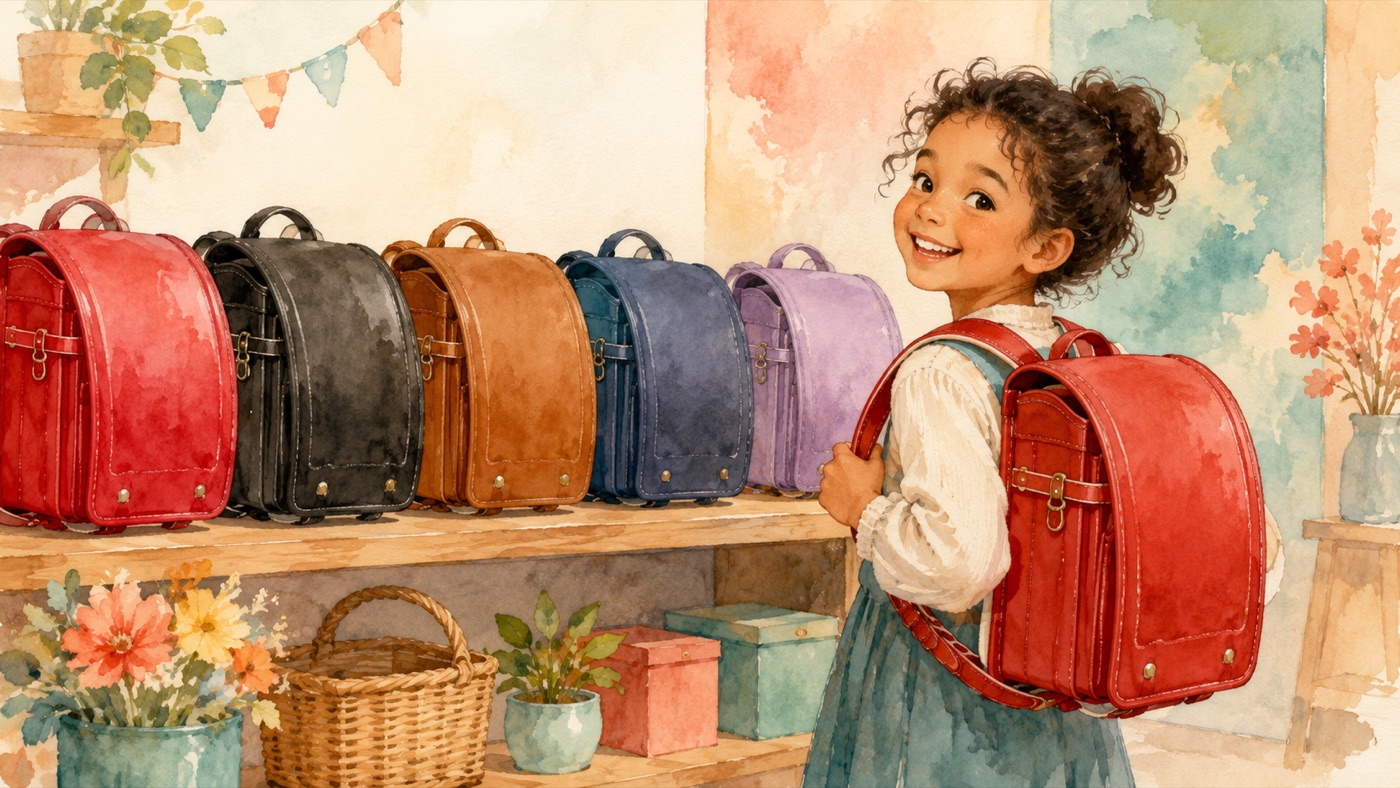 Watercolor illustration of a row of randoseru school backpacks in different colors — red, black, brown, navy, lavender — lined up on a shelf, with a child trying one on