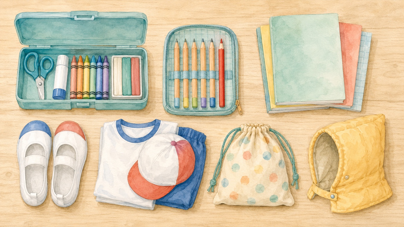 Watercolor flat-lay of first-grade school supplies: an open tool box with scissors, glue, crayons and clay, a pencil case with soft pencils and a red pencil, notebooks, indoor shoes, PE clothes with a red-and-white cap, a lunch bag, and a padded disaster hood