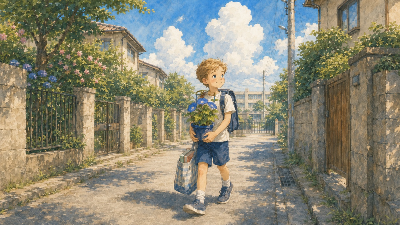 Watercolor illustration of a Japanese elementary school child walking home on the last day of term, carrying a randoseru, a bag of notebooks, and a potted morning glory plant, with summer clouds overhead