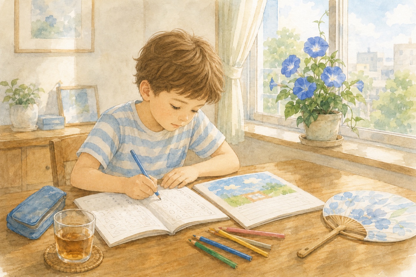 Watercolor illustration of a Japanese elementary school child doing summer homework at a table at home, with a drill workbook, a picture diary, colored pencils, and a potted morning glory on the windowsill