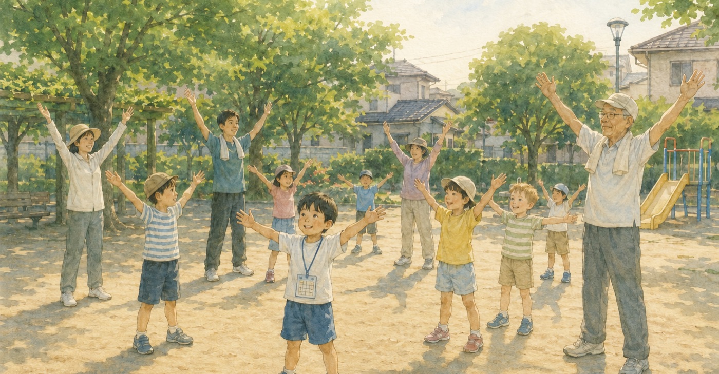 Watercolor illustration of children and adults doing radio taiso exercises together in a Japanese park early on a summer morning, one child wearing a stamp card on a string around the neck