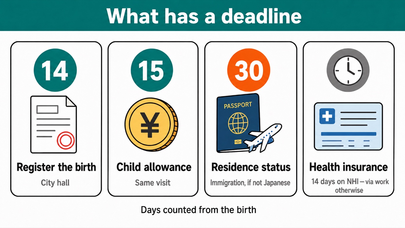 Diagram of the four deadlines that start when a baby is born in Japan: the birth registration within fourteen days, the child allowance within fifteen days, residence status within thirty days for a baby who is not a Japanese national, and health insurance within fourteen days on National Health Insurance or through your workplace otherwise