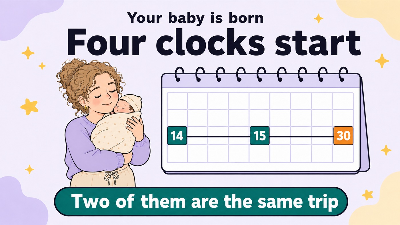 Poster reading "Your baby is born — four clocks start", showing a mother holding her newborn beside a calendar with the 14th, 15th and 30th days marked, and the note that two of them are the same trip