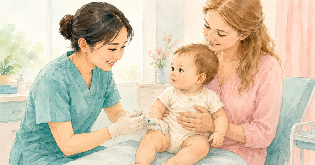 Parent holding baby at a vaccination clinic in Japan