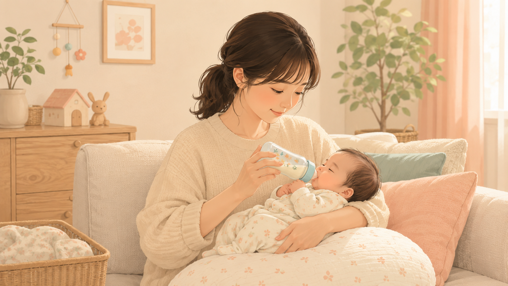Mother bottle-feeding her newborn baby at home in Japan