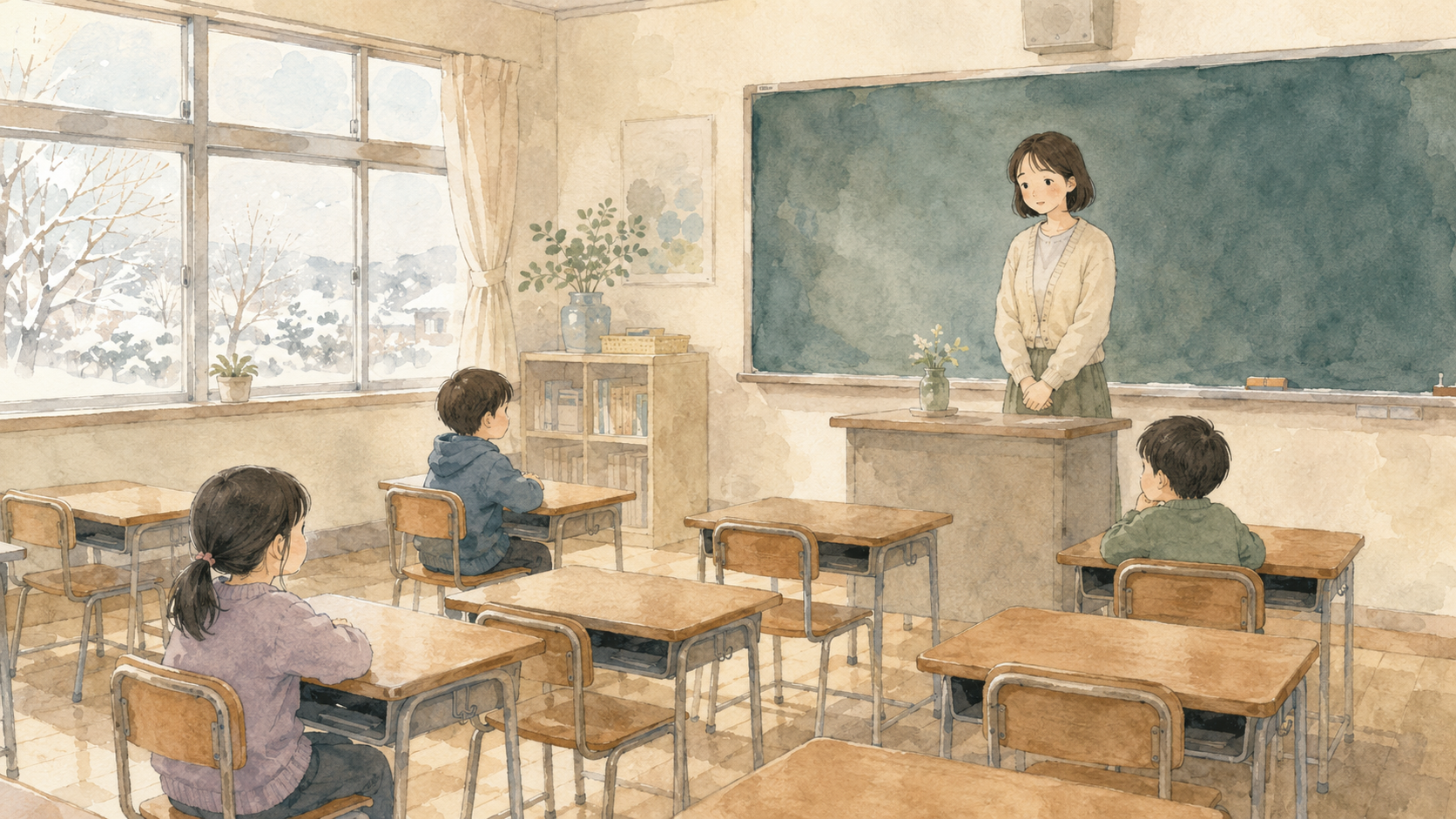 Watercolor illustration of a Japanese elementary school classroom with many empty desks and only a few children present, a teacher looking concerned, and a parent reading a message on a phone at home