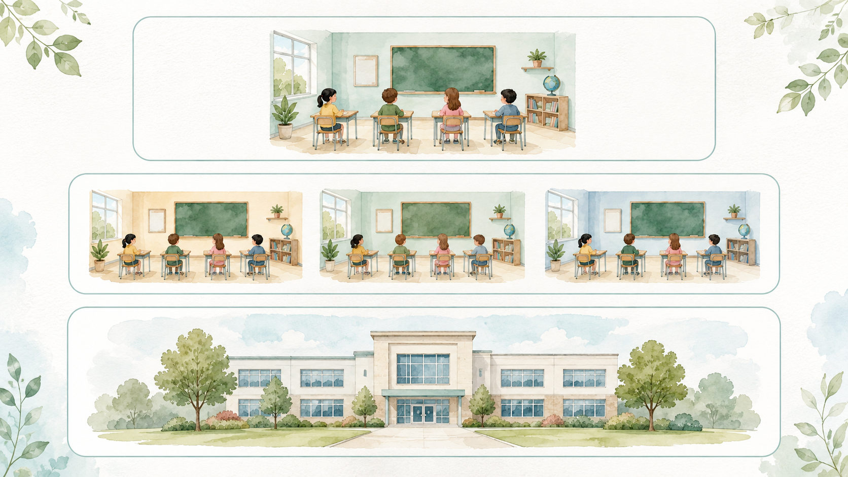 Three stacked cards showing the scale of closures: class closure affecting one classroom, grade closure affecting all classes in one year group, and whole-school closure affecting the entire school building