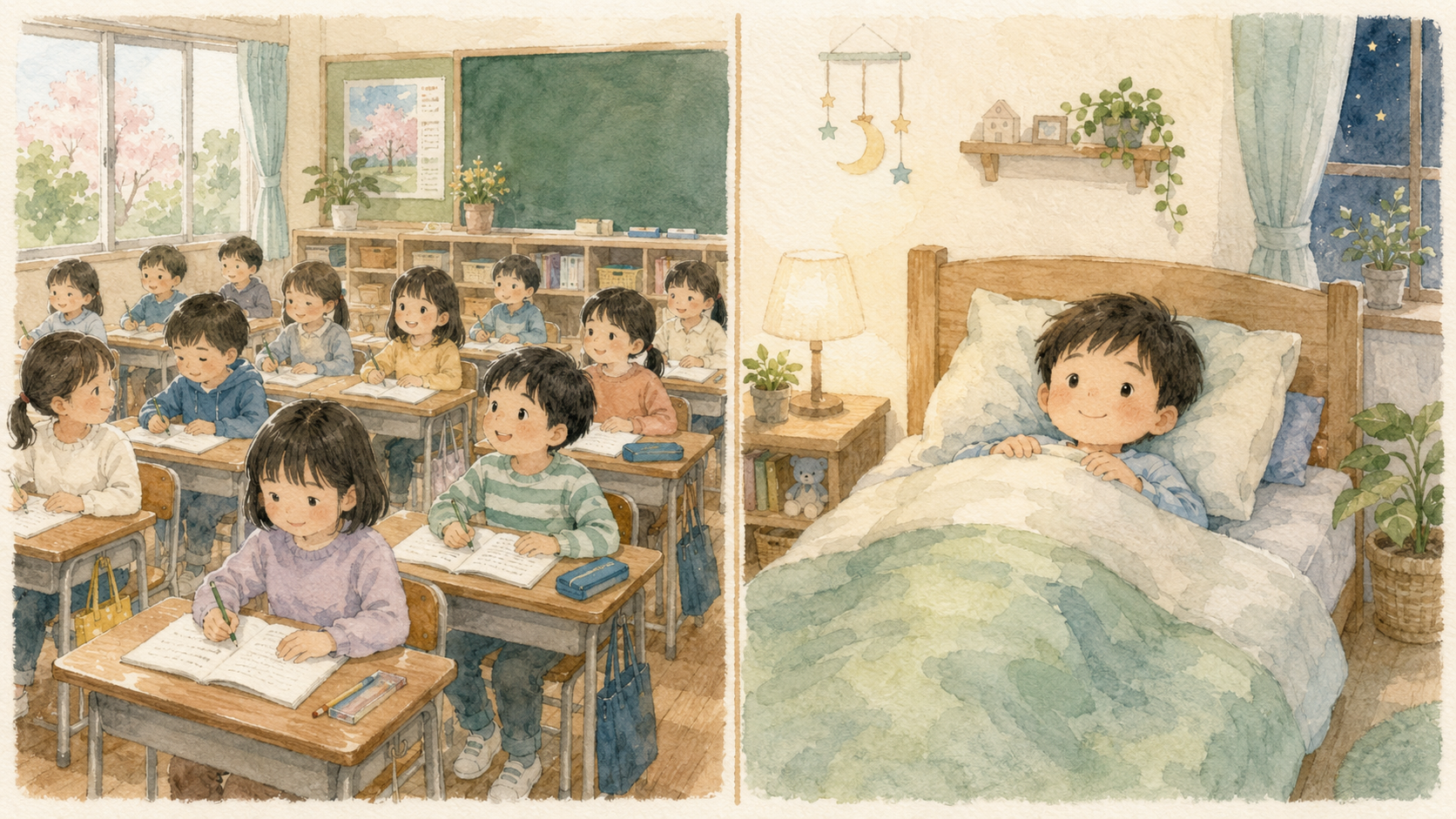 Side-by-side comparison: on the left a whole classroom of children closed together labeled class closure, on the right a single child at home in bed labeled attendance suspension, with a shared note that neither counts as an absence
