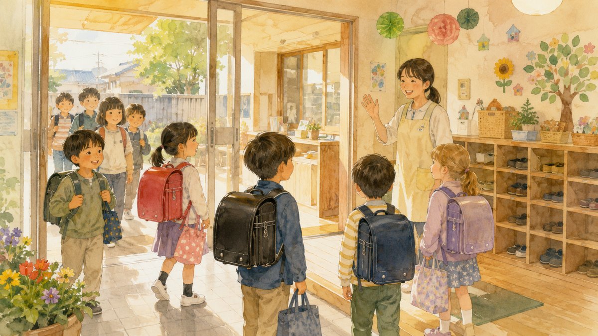 Watercolour illustration of primary school children with randoseru backpacks arriving at a Japanese gakudo hoiku after-school centre, greeted by a Japanese staff member