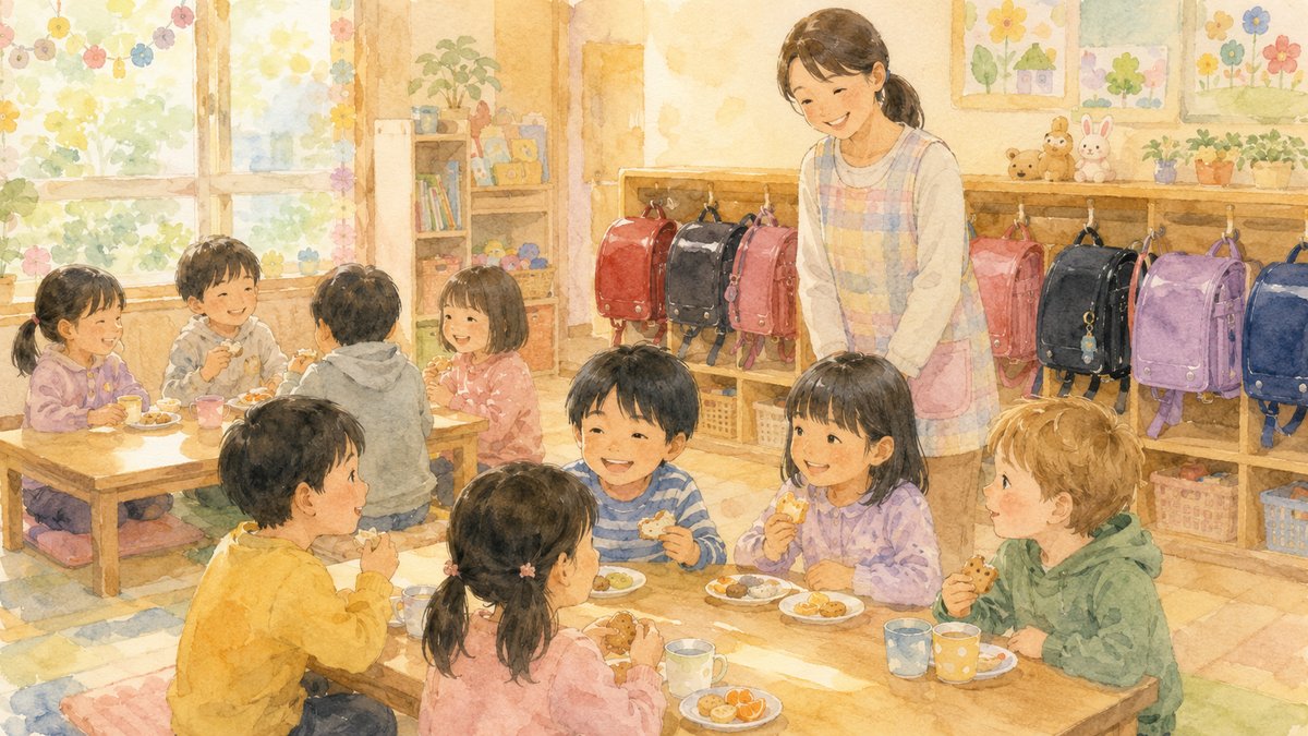 Watercolour illustration of children having afternoon snacks at a Japanese gakudo hoiku after-school club, with a smiling Japanese staff member and randoseru backpacks hanging in the background