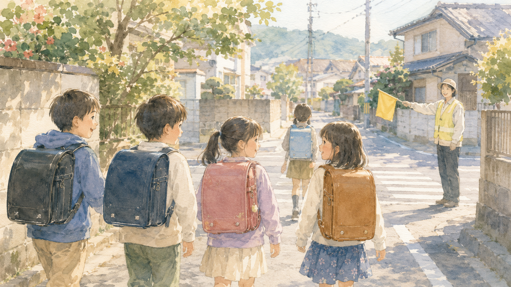 Watercolor illustration of Japanese elementary school children in randoseru backpacks walking to school together on a quiet street, with a parent volunteer holding a yellow flag at a crossing