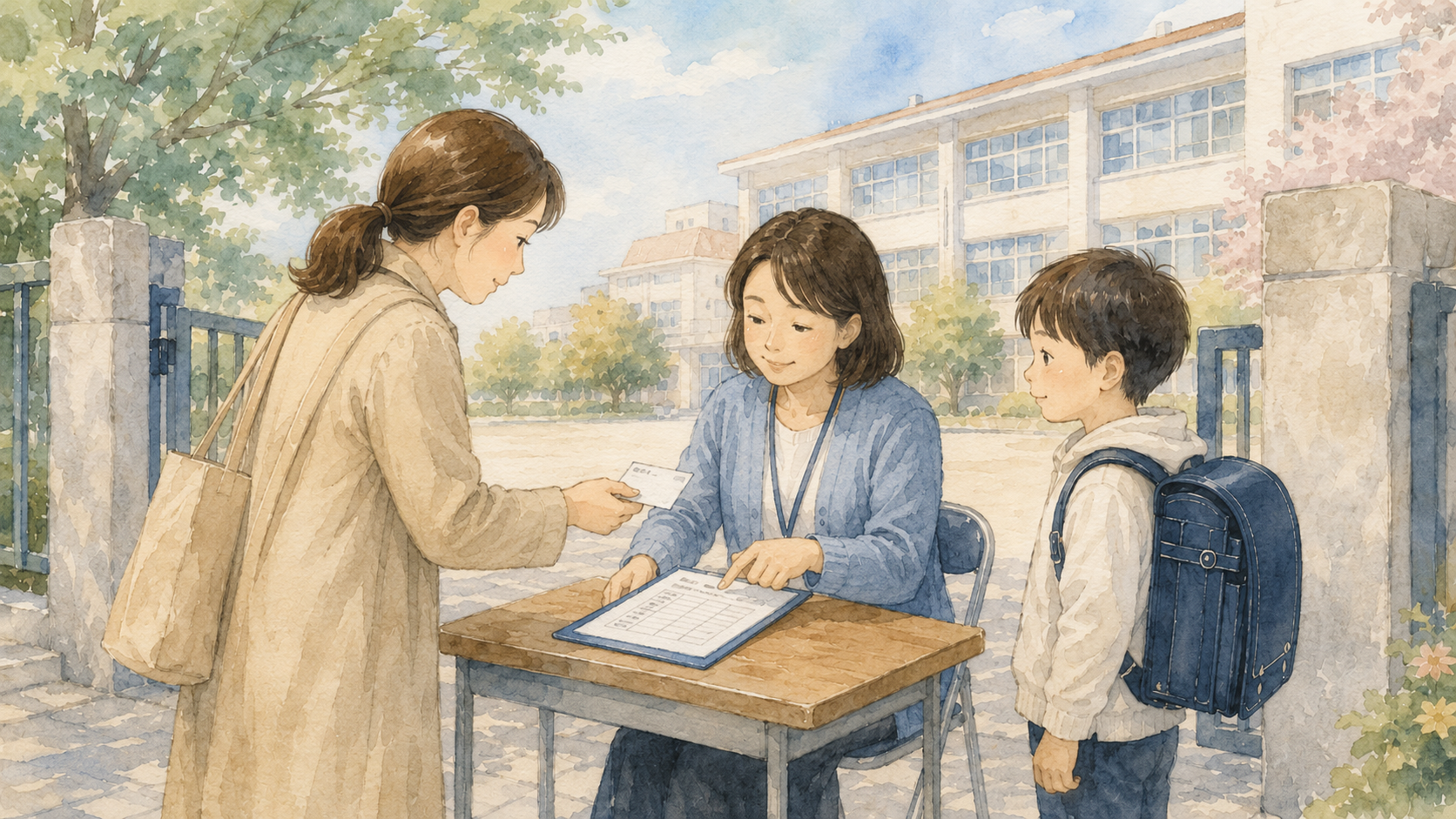 Watercolor illustration of a parent showing a pickup card to a teacher at a desk by the school gate during a disaster pickup drill, as the teacher checks it against a name list, with the child in a randoseru backpack waiting beside them