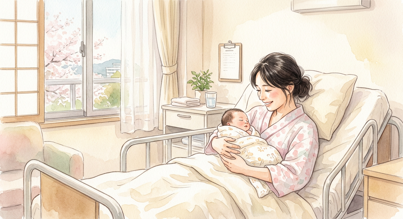 Mother holding her newborn baby in a Japanese hospital