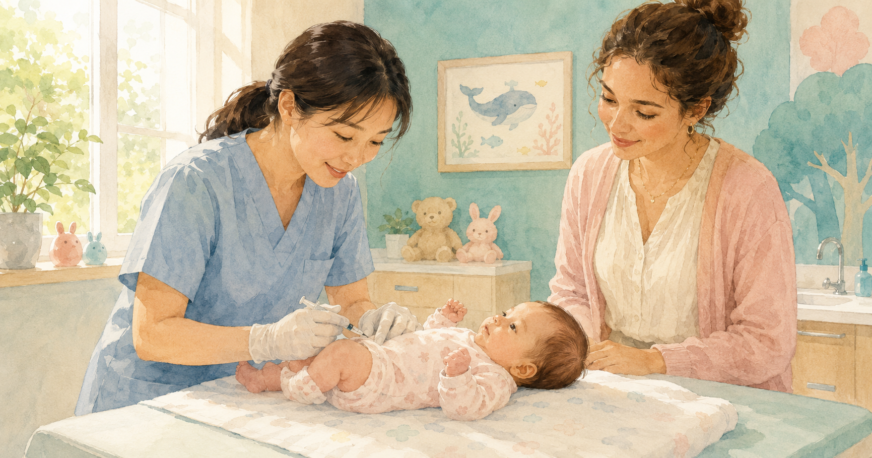 Nurse giving hepatitis B injection to a baby in Japan