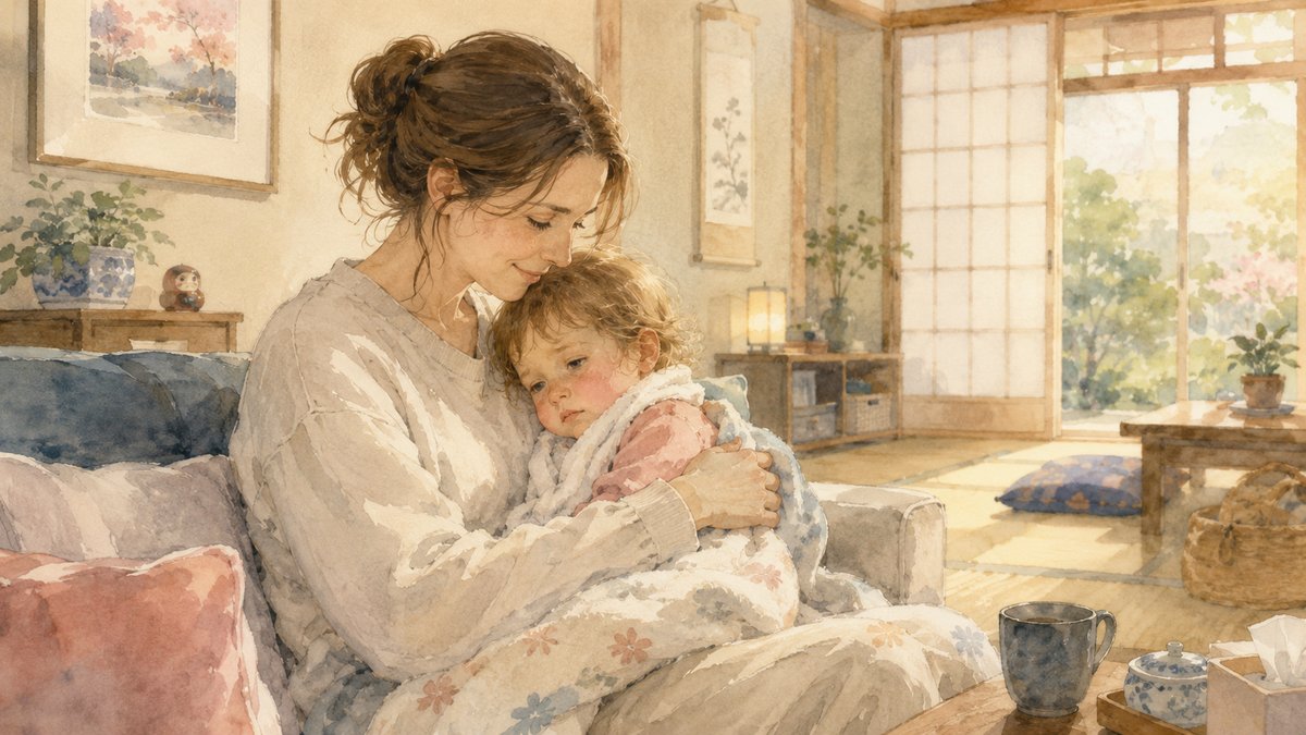 Soft watercolour illustration of a non-Japanese mother holding her sick toddler at home in Japan