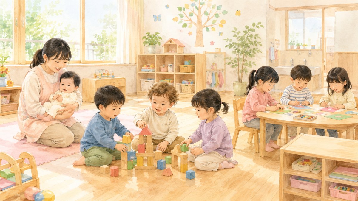 Watercolour illustration showing three age groups at a Japanese hoikuen: a teacher holding a baby, toddlers playing with wooden blocks including one child from overseas, and older children doing crafts at a table