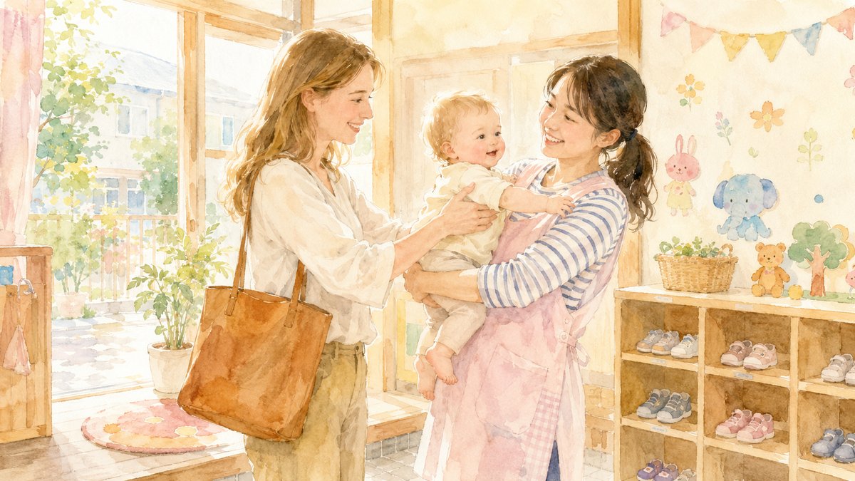 Watercolour illustration of a non-Japanese mother handing her baby to a smiling Japanese hoikuen teacher at the entrance