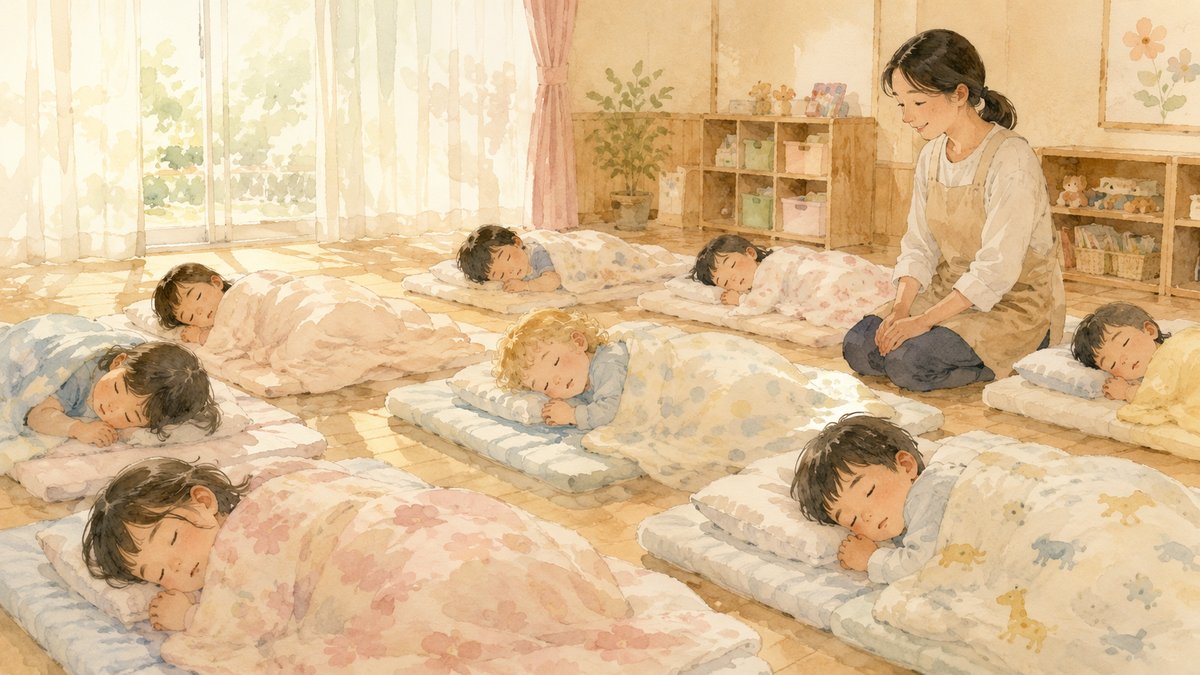 Watercolour illustration of children napping on futons on the floor of a Japanese hoikuen classroom while a Japanese teacher watches over them warmly