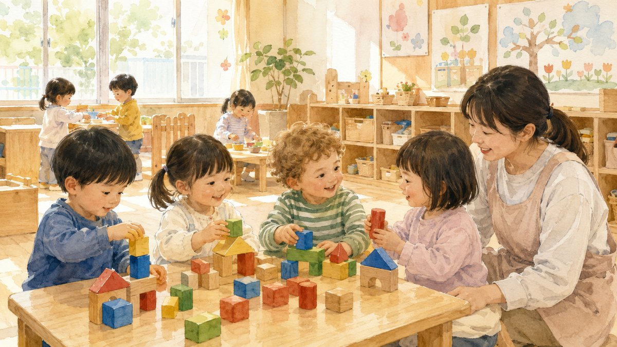 Watercolour illustration of toddlers playing with wooden blocks in a bright Japanese hoikuen classroom with a Japanese teacher