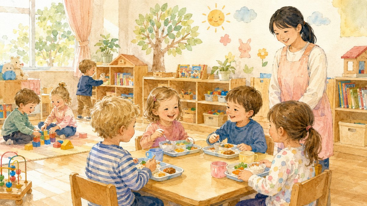 Soft watercolour illustration of children from overseas eating lunch together in a bright Japanese hoikuen classroom with a Japanese teacher
