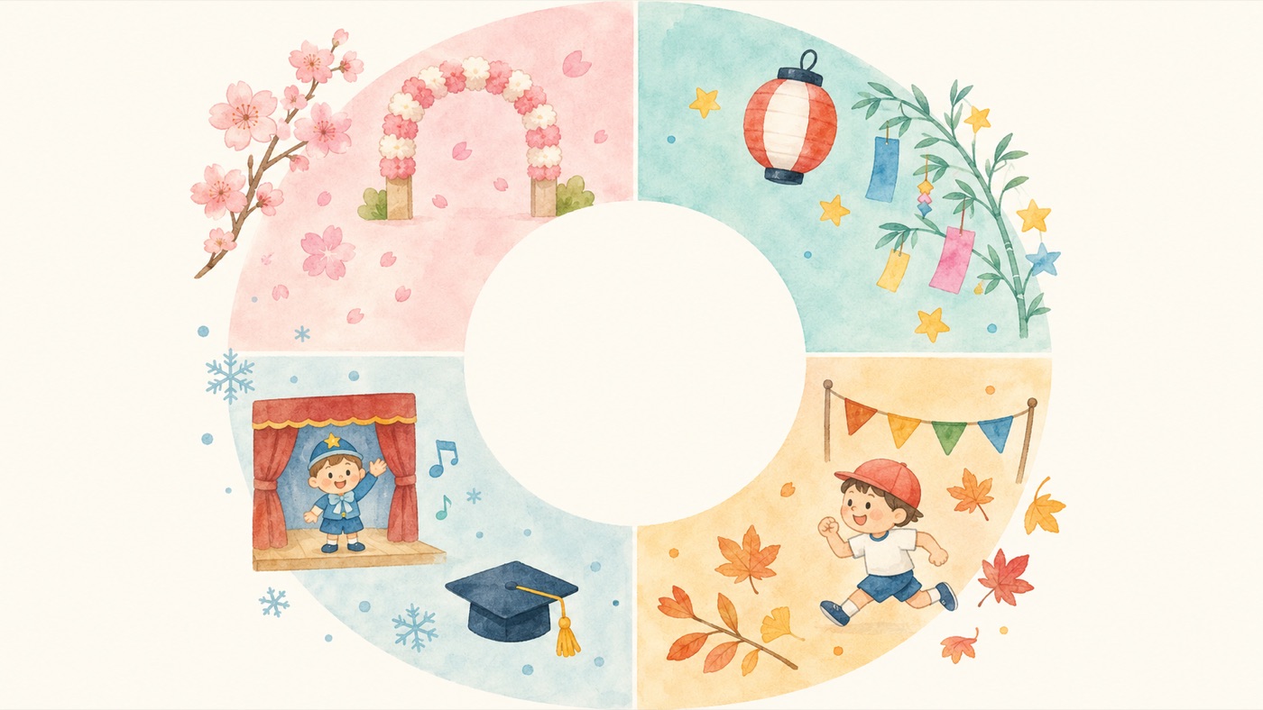 A circular year calendar of Japanese daycare events divided into four seasons, with small icons for the entrance ceremony, summer festival, sports day, recital, and graduation arranged from April around to March