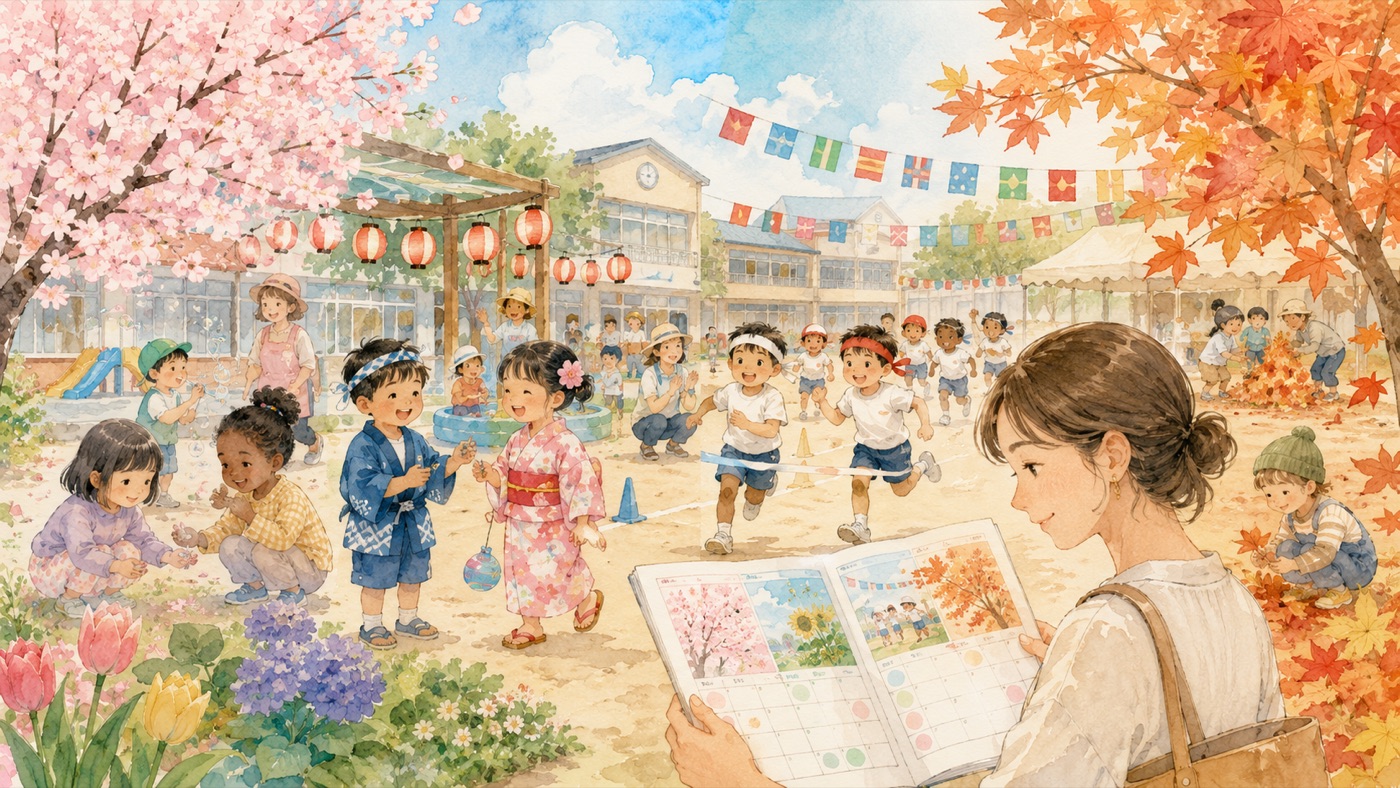 Watercolor illustration of a Japanese daycare courtyard through the seasons, with children in happi coats at a summer festival, a sports-day banner, and cherry blossoms, and a parent looking at a year planner