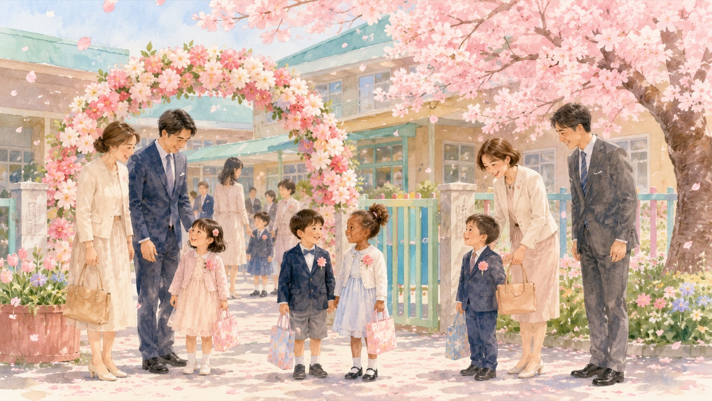 Watercolor illustration of a Japanese daycare entrance ceremony in spring: young children of diverse backgrounds in neat semi-formal clothes with blossom-decorated bags, smiling parents beside them, a flower archway and cherry blossoms overhead