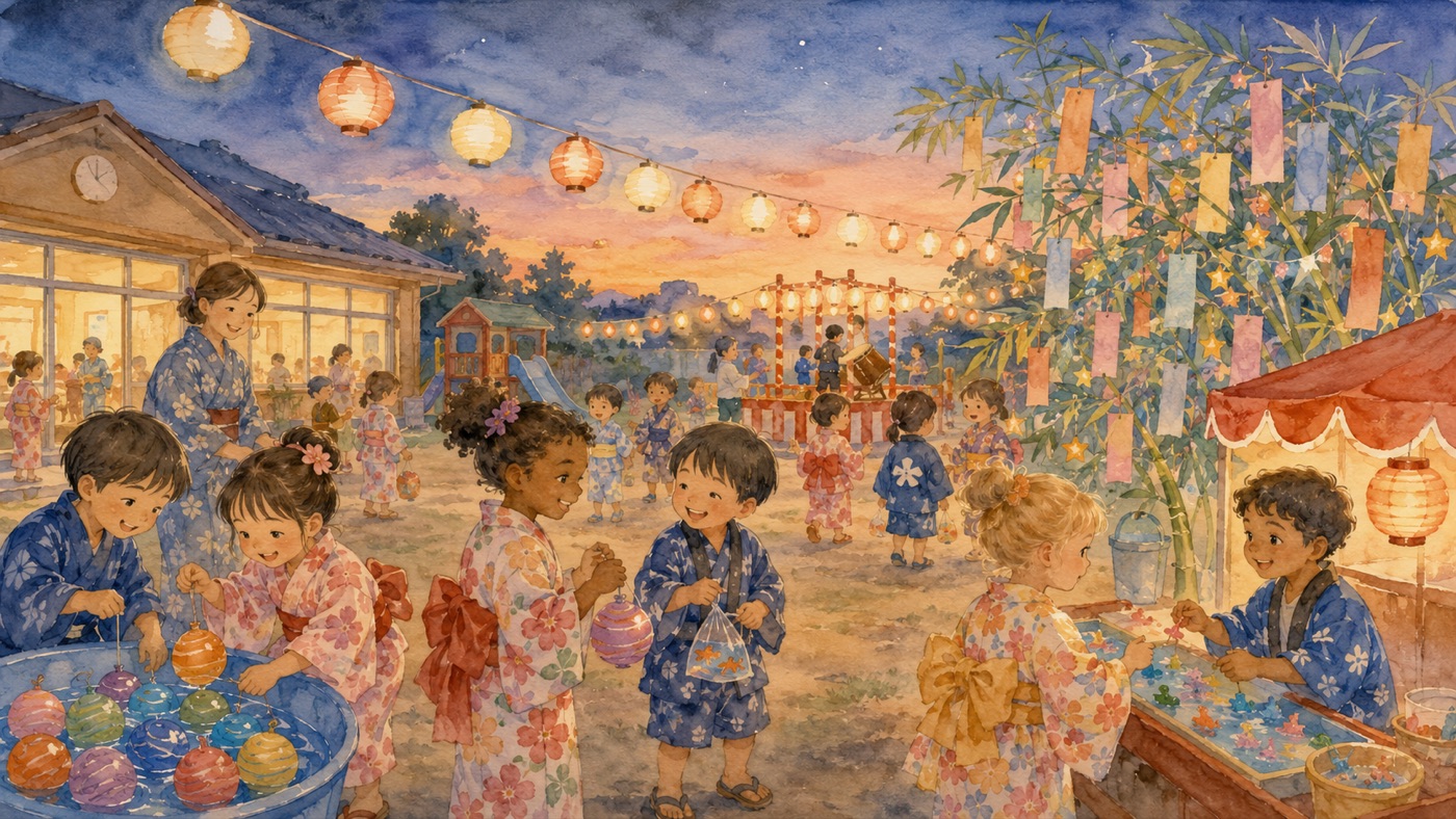 Watercolor illustration of a summer festival at a Japanese daycare at dusk: young children of diverse backgrounds in light cotton yukata playing festival games under glowing paper lanterns, with a bamboo Tanabata branch hung with wish strips