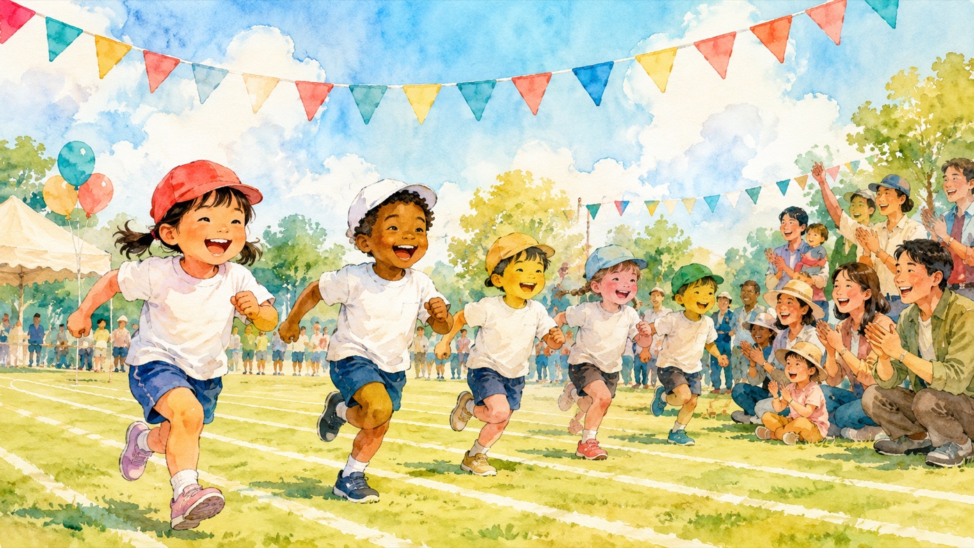 Watercolor illustration of a Japanese daycare sports day, with young children running a race on a field marked with white lines, parents watching and cheering from the side, and colorful flags strung overhead