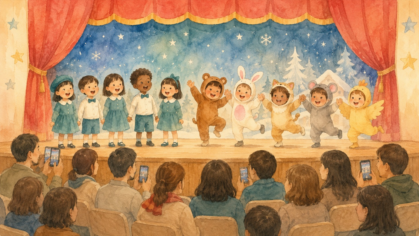 Watercolor illustration of a Japanese daycare winter recital: one group of children singing while another group in animal costumes dances on a small stage with red curtains and a starry, snowy backdrop, as parents watch and film from their seats