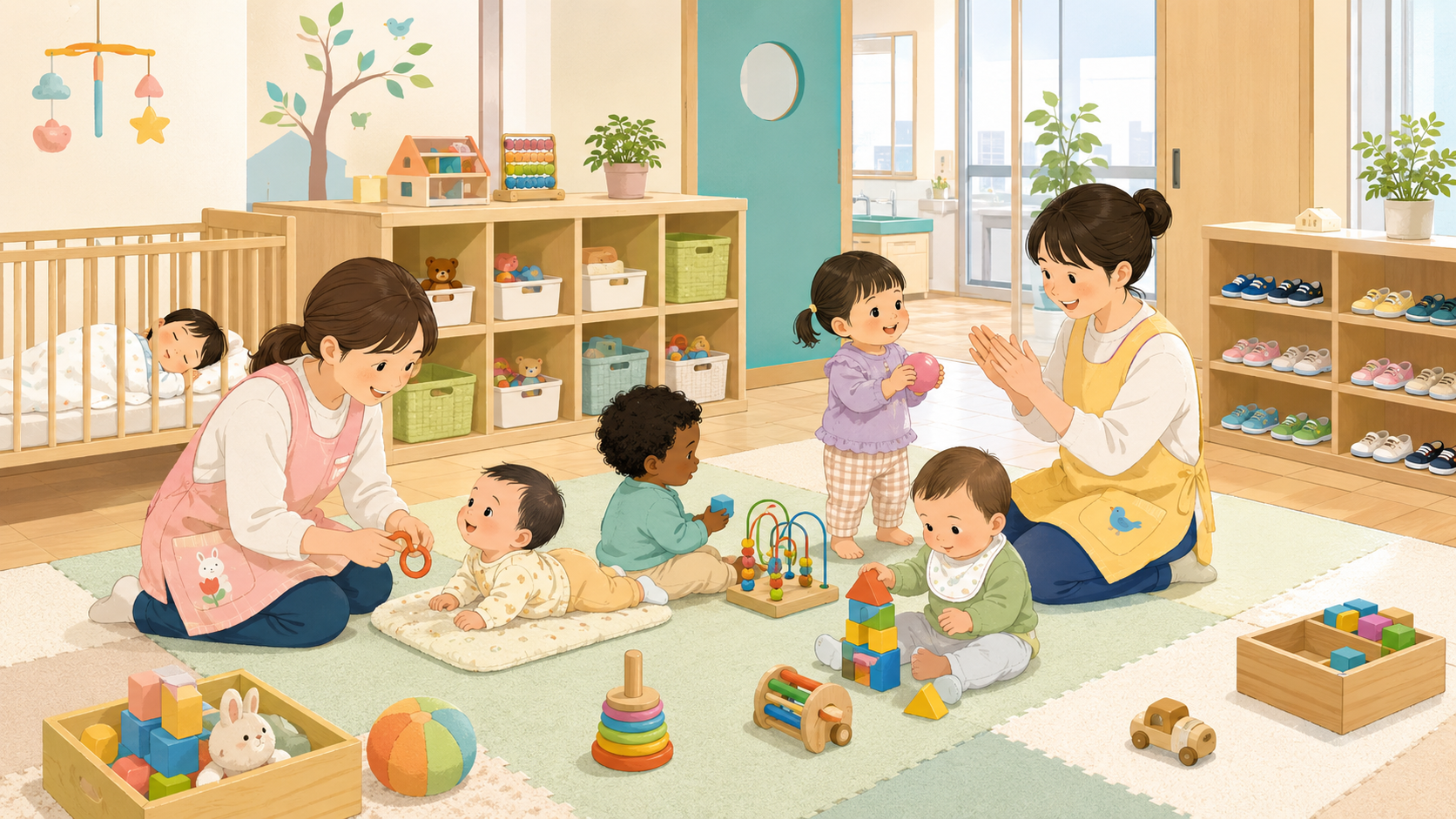Illustration of a Japanese hoikuen daycare with caregivers and babies playing