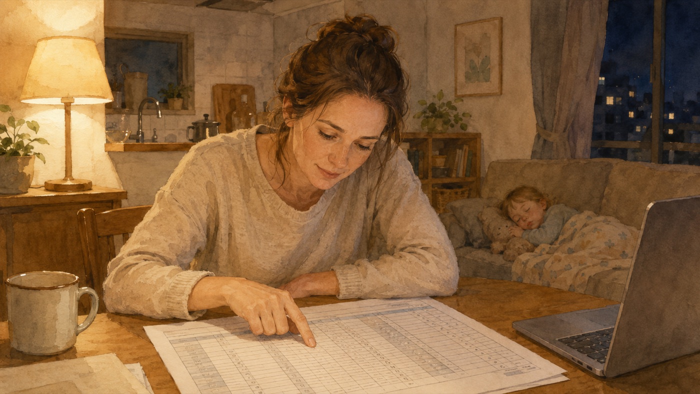 Watercolor illustration of an international mother at her kitchen table late in the evening, tracing a row on a large printed grid of criteria with her finger, a laptop angled beside her and her toddler asleep on the sofa behind