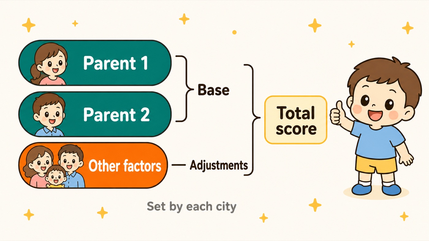 Diagram showing how the score is assembled: Parent 1 and Parent 2 form the base figure, other household factors form the adjustments, and the two together make the total score