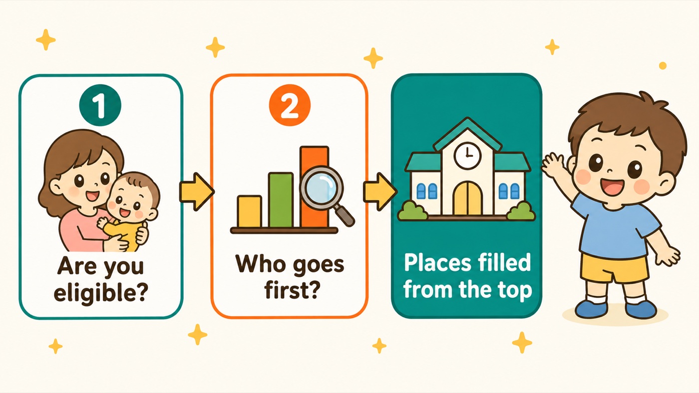Diagram of the two stages side by side: step one, whether your household is eligible under the national grounds; step two, how eligible households are ranked against each other; and then places being filled from the top of that ranking