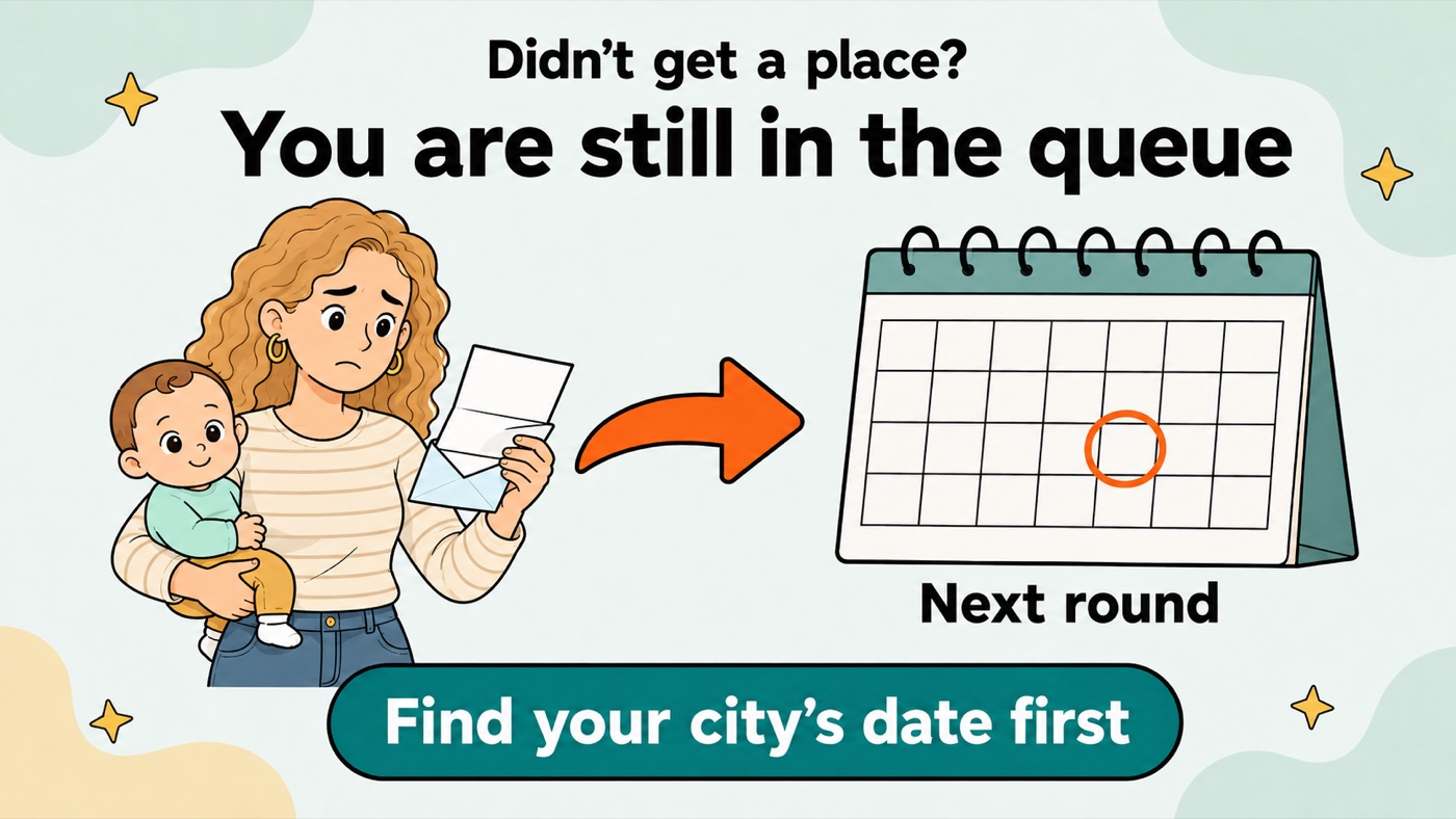 Poster reading "Didn't get a place? You are still in the queue", showing a mother holding her baby and reading the letter from the city, with an arrow leading to a calendar marked "next round", and the advice to find your city's date first