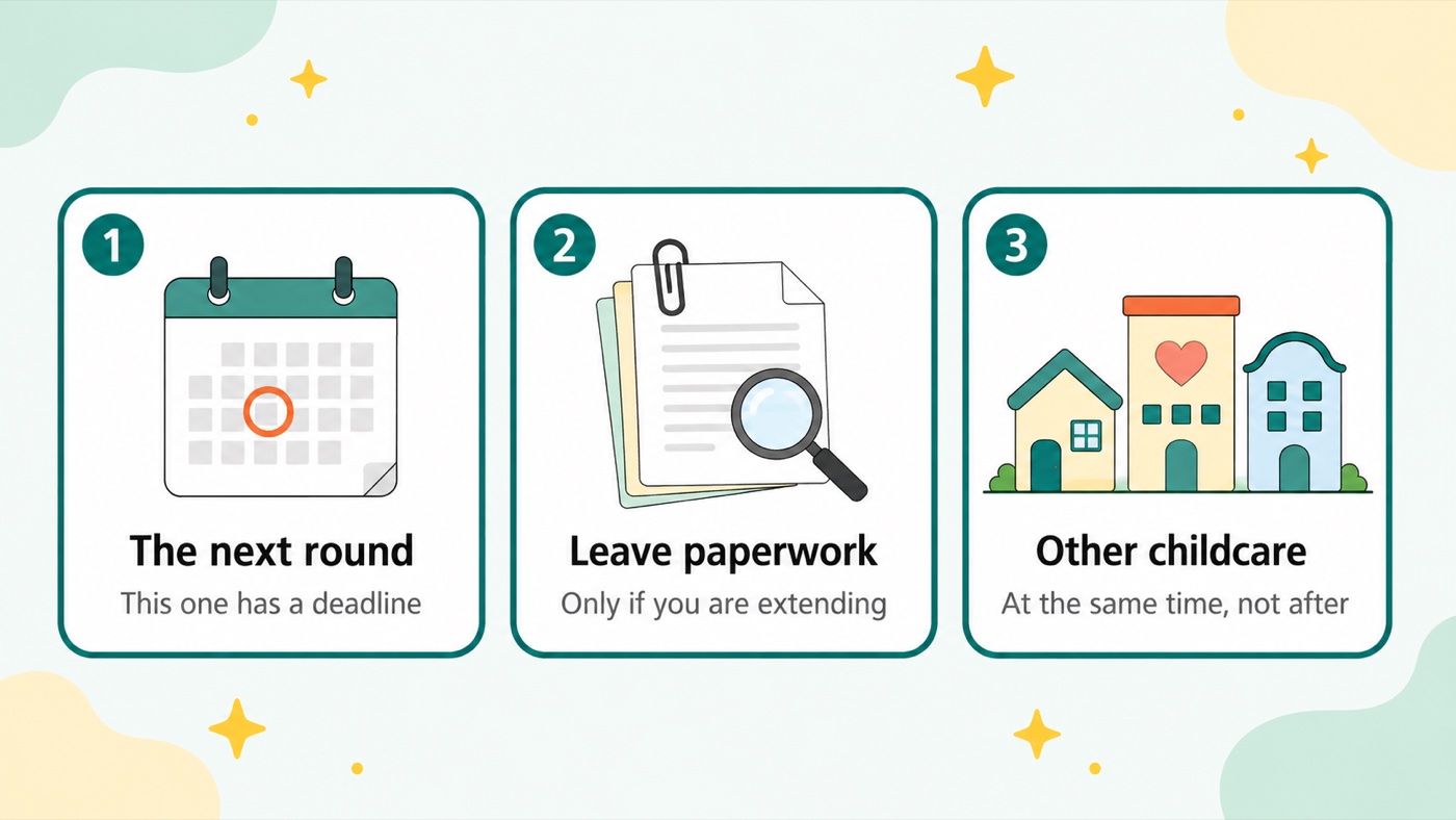 Diagram of the three things to do after a nursery place is refused in Japan: the next selection round, which has a deadline; the parental leave paperwork, if you are extending; and other childcare, looked at in parallel rather than afterward