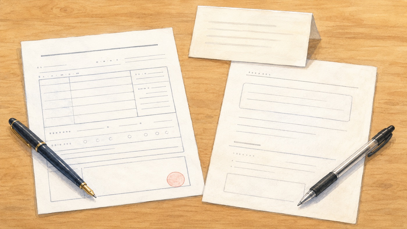 Watercolor illustration of the two Japanese daycare return-to-care forms side by side on a table: a doctor's opinion form with a clinic stamp, and a shorter parent-completed attendance form with a pen