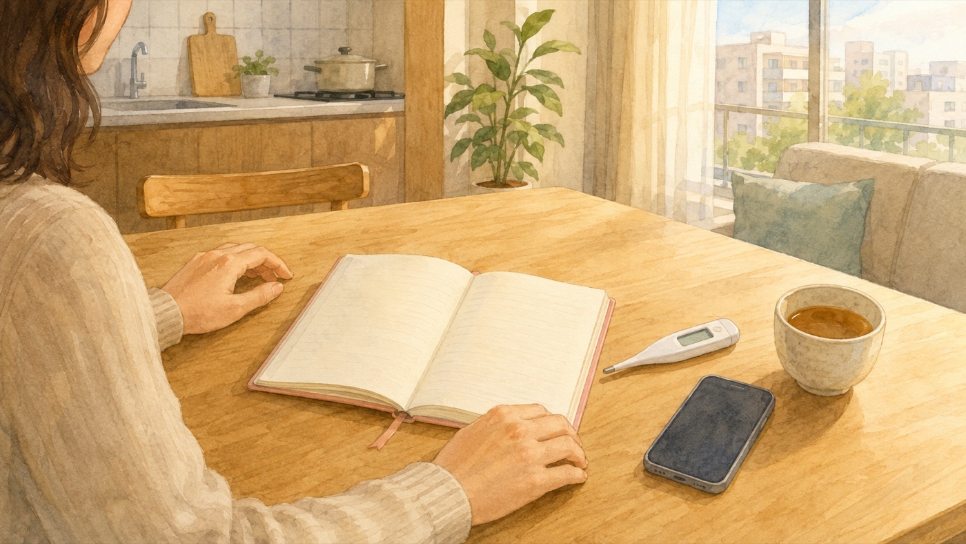 Watercolor illustration of a parent at a kitchen table early in the morning with a thermometer, a daycare contact notebook, and a phone, working out whether their child can go to daycare today