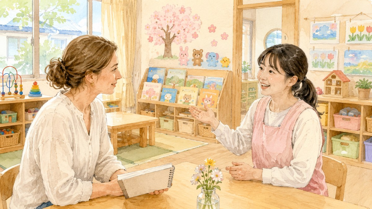 Watercolor illustration of a Western mother sitting across from a friendly Japanese nursery teacher inside a bright Japanese hoikuen classroom
