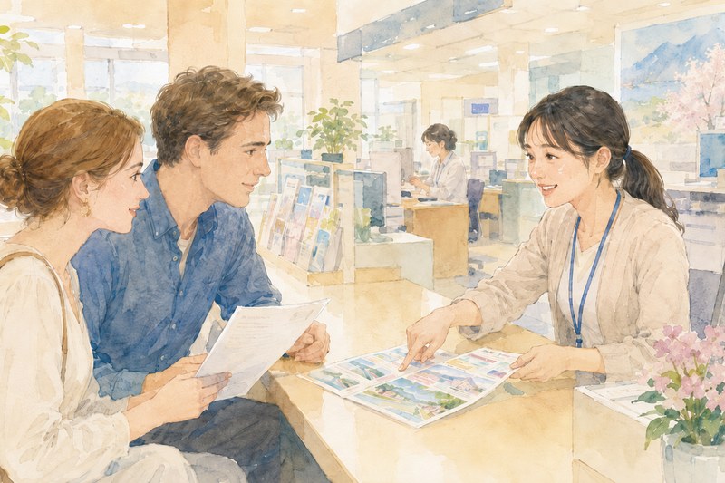 Watercolor illustration of a Western couple consulting a friendly Japanese staff member at a municipal office counter, with documents on the desk