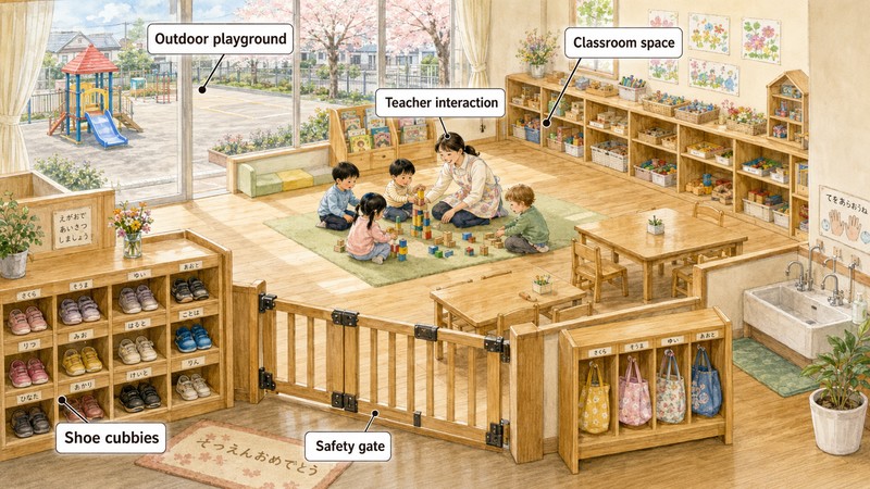 Watercolor illustration of a Western mother with a notebook visiting a bright Japanese daycare classroom, observing children playing while a Japanese teacher explains the facility