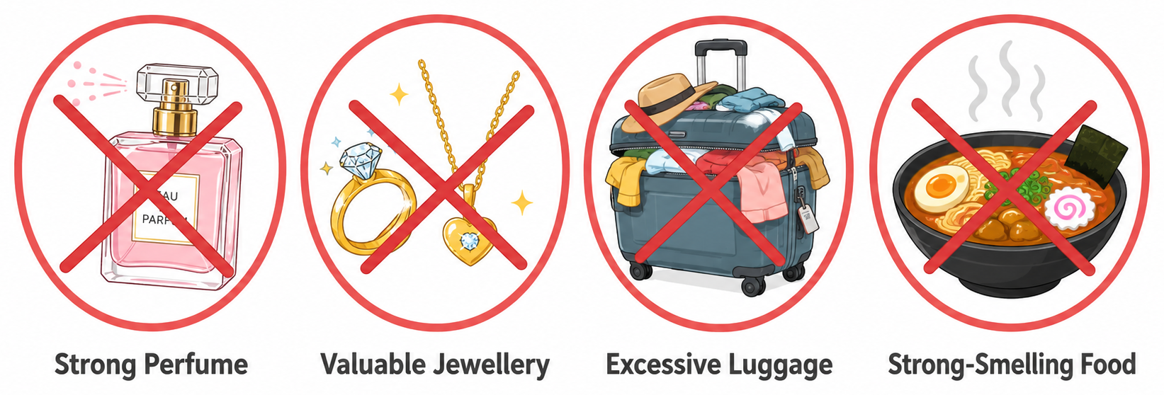 Four items crossed out in red circles: strong perfume, valuable jewellery, excessive luggage, and strong-smelling food