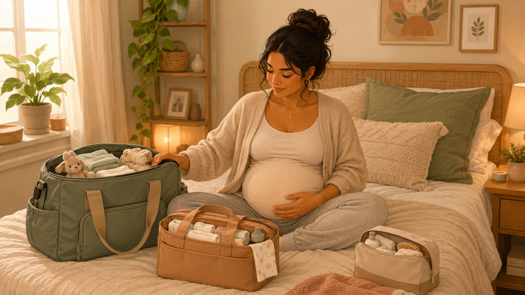 Pregnant woman sitting on a bed surrounded by three packed hospital bags