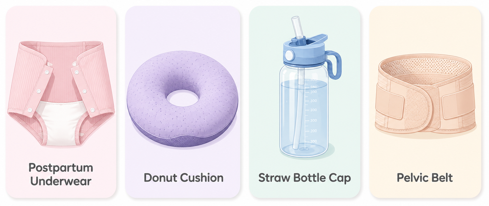 Illustration of four Japan-specific hospital items: postpartum underwear, donut cushion, straw bottle cap, and pelvic belt
